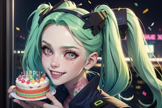 1 girl, party hat, celebrating, party, cyberpunk apartment, happy, cake, confetti, grinning, lose up, blonde hair, blue eyes, ,cprebecca, prebecca, colored skin, white skin, green hair, twintails, artificial eye, colored sclera, red sclera, night city, future cars, selife, ,colored skin,white skin,green hair,twintails