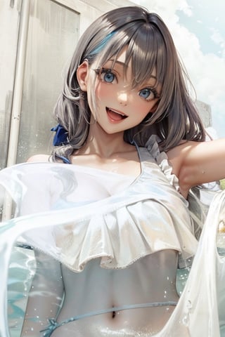 (masterpiece, best quality),ray tracing,absurdres, HDR,1girl,  rimuru tempest,light blue hair,blue  eyes,  bangs, solo, swimsuit, bikini, , navel, long hair, yellow bikini, sky, day, smile, halterneck,bangs, outdoors, blue sky, frilled bikini, hair between eyes, open mouth, frills, armpits, looking at viewer, arm up, cloud, :d, shiny, collarbone, very long hair, standing, water, wading, ass visible through thighs, shiny hair,
