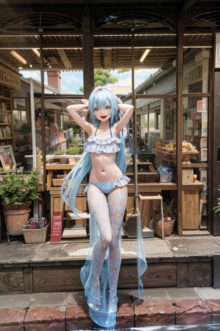 (masterpiece, best quality),ray tracing,absurdres, HDR,1girl,  rimuru tempest,light blue hair,blue  eyes,  bangs, solo, swimsuit, bikini, , navel, long hair, yellow bikini, sky, day, smile, halterneck,bangs, outdoors, blue sky, frilled bikini, hair between eyes, open mouth, frills, armpits, looking at viewer, arm up, cloud, :d, shiny, collarbone, very long hair, standing, water, wading, ass visible through thighs, shiny hair,