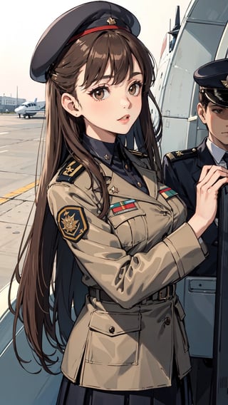 a young woman dressed in a military pilot outfit in a private jet, military, 1girl, uniform, military uniform, hat, brown hair, long hair, beret, skirt, brown eyes