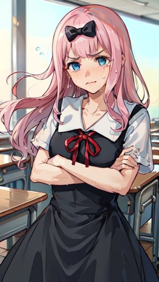 (School, classroom), 1girl, chika1, fujiwara chika, school uniform, black bow, hair_bow black dress, red ribbon, short sleeves, white shirt, blunt bangs, neck ribbon, collarbone, collared dress, large breasts, closed mouth, tears, wavy mouth, tearing up, pout, :i, :t, frown, v-shaped eyebrows, crying, sad, crying with eyes open, pink hair, angry, crossed arms,chika1, black dress
