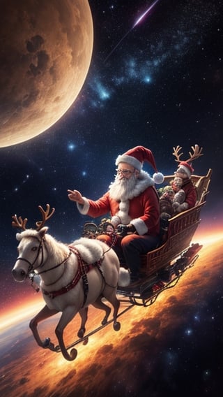 a cosmic scene with Santa riding in some special sleigh with reindeers in (space), reindeer, hat, antlers, gift, santa hat, christmas, star (sky), (galaxy)