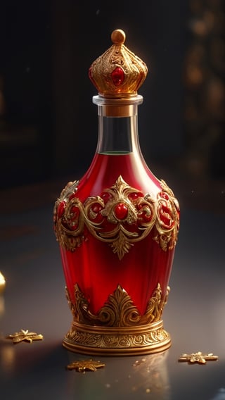 the magic bottle is a red and gold color with an ornate design and golden cap lid, sparkle, no humans, cup, simple background, Christmas, theme Christmas , grey background, ultrarealism, cinematic, ultra high definition, hyper realistic, 8K, (masterpiece, best quality), (many colors:1.4), intricate details, artstation, wallpaper, official art, cinematic still, extremely detailed, full depth of field, symmetrical