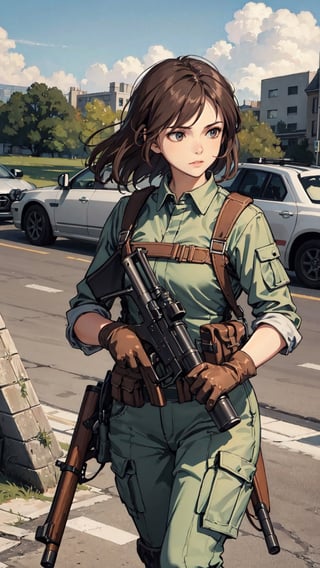 woman carrying long gun at a battlefield backdrop photo illustration for game industry, 1girl, gun, weapon, gloves, solo, brown hair, military, outdoors, rifle, holding weapon, holding gun, holding