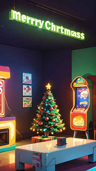 A cozy 1980s living room in the mountains, with ((Santa Claus listening to music)) on a cassette tape. The warm and integrated interior features a roaring fireplace, creating a soothing atmosphere. The room is adorned with a single (neon light in the shape of a Christmas tree), and there is an oversized retro boombox alongside stacks of cassette tapes and retro arcade game cabinets. (The decor includes neon sign Christmas decorations), adding a touch of festive charm to the scene. This retro living room with its cozy ambiance and nostalgic elements showcases the charm of 1980s bachelor pad, captured in a stunning neon photography style
