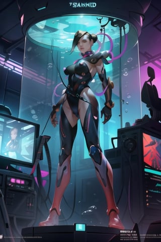 (best quality), (highly detailed), masterpiece, (official art), lips, ((stasis tank)), (((underwater))), front_view, bubbles, mind control, ((full_body)),air bubble, ((submerged, stationary restraints)), , , collar,restrained, science fiction, green theme,  cable,  stationary restraints, blurry background,depth of field, best quality, masterpiece, intricate details, tonemapping, sharp focus, hyper detailed, trending on Artstation,stasis tank,corruption,1 girl,empty eyes,cyberpunk,Detailedface,CammyAlt2