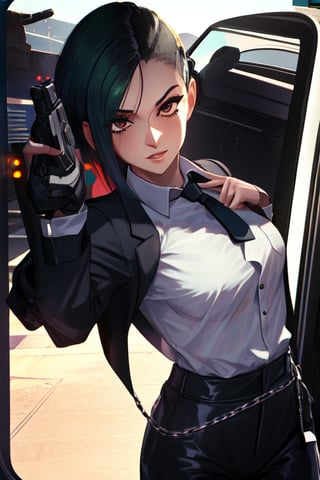 1 girl, black suit, red tie, white shirt, black driving gloves, black pants, future style, pistol surpressor, pistol pose, aiming