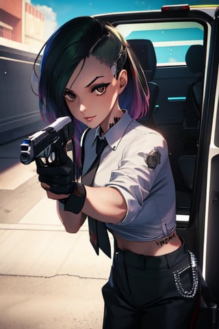 1 girl, black suit, red tie, white shirt, black driving gloves, black pants, future style, pistol surpressor, pistol pose, aiming