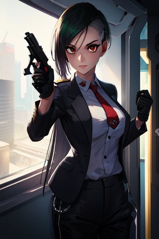 1 girl, black suit, red tie, white shirt, black driving gloves, black pants, future style, aiming pistol surpressor, pistol pose, 