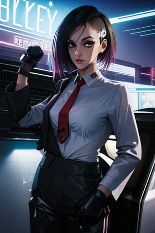 1 girl, black suit, red tie, white shirt, black driving gloves, black pants, future style, pistol surpressor 