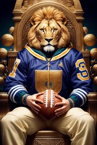 a cute lion in a letterman jacket, holding a football, sitting on a throne ((intricate details)), hdr, ((intricate details, hyperdetailed)), cinematic shot, vignette