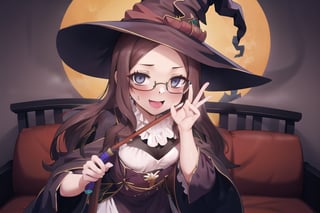 Halloween_background, high_resolution, best quality, extremely detailed, HD, 8K, detalied_face,
figure_sexy, 1girl, davinci, (witch_hat:1.2), glasses, (witch_outfit:1.6),  upper_body, sofa, felges