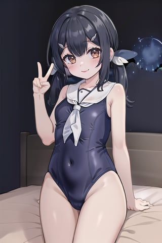 bedroom_background, high_resolution, best quality, extremely detailed, HD, 8K, 1_girl, solo, figure_sexy,  black hair, brown eyes, hairclip, bangs
miyumagirl, twintails, long hair, hair ornament, magical girl, (school_swimsuit1.4), , Blora,  (night:1.6), smile, peace_sign