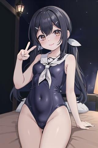 bedroom_background, high_resolution, best quality, extremely detailed, HD, 8K, 1_girl, solo, figure_sexy,  black hair, brown eyes, hairclip, bangs
miyumagirl, twintails, long hair, hair ornament, magical girl, (school_swimsuit1.4), , Blora,  (night:1.6), smile, peace_sign