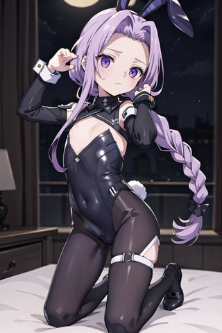 bedroom_background, high_resolution, best quality, extremely detailed, HD, 8K, 1_girl, solo, figure_sexy, flat_chest, low_stature, Blora, medusa lily, medusa (fate), long hair, (purple eyes:1.1), purple hair, sidelocks, braid, braided ponytail, (parted bangs:1.8), (bunny_suit:1.4),, (emotionless:1.4), (night:1.4), (dynamic_pose:1.6), , , forehead, kneeling_down, (from_side:1.2), 