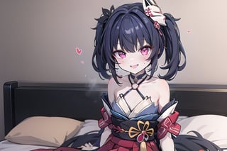 bedroom_background, high_resolution, best quality, extremely detailed, HD, 8K, 1_girl, solo, figure_sexy, flat_chest, low_stature, sparkle, hanabi, kitsune mask, red eyes, twintails, (smug_face:1.4), (red_outfit:1.2), Blora, (upper_body:1.0), , (sit_on_bed:1.4), tongue, open_mouth,