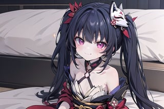 bedroom_background, high_resolution, best quality, extremely detailed, HD, 8K, 1_girl, solo, figure_sexy, flat_chest, low_stature, sparkle, hanabi, kitsune mask, red eyes, twintails, (smug_face:1.4), (red_outfit:1.2), Blora, (upper_body:1.0), , (sit_on_bed:1.4)