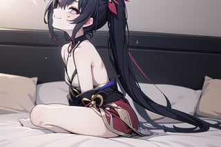 bedroom_background, high_resolution, best quality, extremely detailed, HD, 8K, 1_girl, solo, figure_sexy, flat_chest, low_stature, sparkle, hanabi, kitsune mask, red eyes, twintails, (smug_face:1.4), (red_outfit:1.2), Blora, (from_side:1.4), (from_below:1.0), (sit_on_bed:1.4)