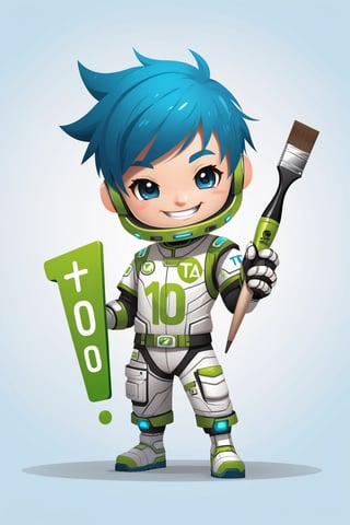 a mascot for tensor.art, chibi futuristic, put the letters (TA) on the chest, the number 10 on the forehead, smile, main color blue with white and green, holding artist's paint brush, electric effect, white background, Highy detailed, intricate, ultra high quality model,Flat Design