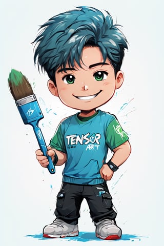 write the text TA on a mascot design for tensor art, chibi logo, smile, futuristic, main color blue with white and green, small artist's paint brush, text "TA" on the mascot, electric effect, High definition, intricate, production cinematic character render, high quality model