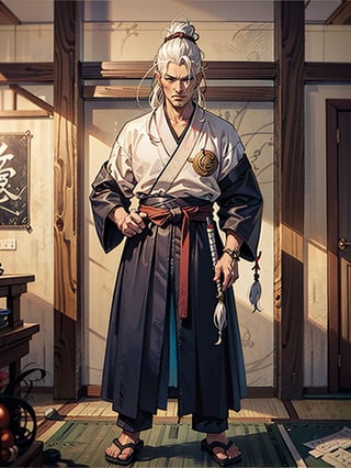 A fierce warrior, his long white hair tied back in a samurai knot, stands in a dojo surrounded by ancient scrolls