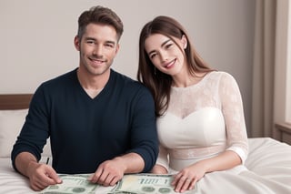 A 8K hyper realistic image of a beautiful husband and wife sitting on their beautiful bed full of dollar currency and happily counting and smiling,hd 8K --ar 16:9 -