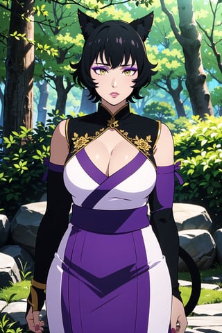 (masterpiece, best quality:1.3), highly detailed, intricate, professional art, digital art, 8K,kalibelladonna stands and spread her hands for hugs, (japaneese forest complex background, outside:1.15), cowboy shot,animal eyes, cat ears, black hair, short hair, blunt bangs, lipstick, (purple makeup:1.1), black eyeshadow, smokey eyes, detailed hair, ultra detailed face, yellow eyes, perfect eyes, perfect face,(tail:1.1), (japanese clothes:1.1), detached sleeves, (hip vent:0.9), (bridal gauntlets:1.1), shrug (clothing), black gloves, elbow gloves,(mature female, 40yo:1.1), Large Breasts, cleavage, 