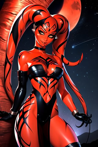 Highly detailed, High Quality, Masterpiece, beautiful, DarthTalon, , 1girl, solo, smirk, cowboy shot, night, night sky, tree, looking to the sky,DarthTalon, close up, desert, 