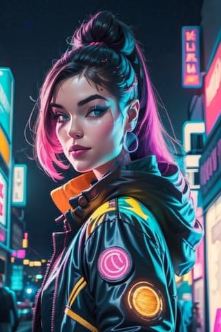 1 woman, close up, smile, cyberpunk, night city, neon lightsm jacket, looking at viewer