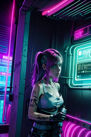 cyberpunk, neon lightsm night city, apartment, bath, 