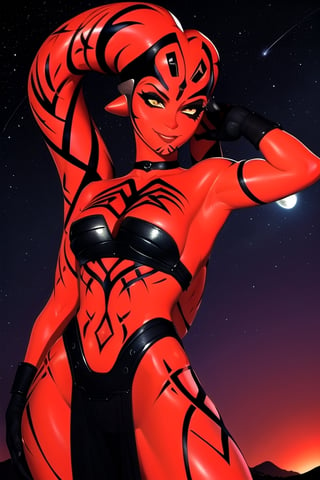 Highly detailed, High Quality, Masterpiece, beautiful, DarthTalon, , 1girl, solo, smirk, cowboy shot, night, night sky, tree, looking to the sky,DarthTalon, close up, desert, 