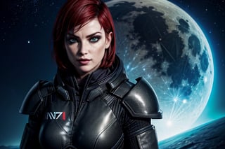 1 girl, sexy, combat armor, sselife, N7, Black hoodie, N7 smirk,Jane,Shepard, space, earth, the moon