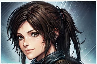 art, tomb raider, pony tail, smile, tomb raider ,game cover, comic, cover art, outfit, close up, eyes,line anime