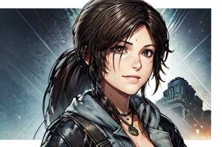 art, tomb raider, pony tail, smile, tomb raider ,game cover, comic, cover art, outfit, close up, eyes,line anime