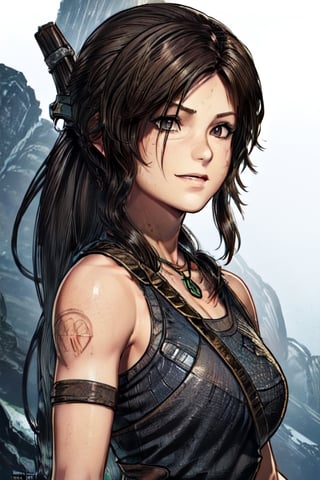 art, tomb raider, pony tail, smile, tomb raider ,game cover, comic, cover art, outfit, close up, eyes,line anime