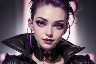 close up, face shot, smile, purple and black jacket, neon light metal collar, 1 girl, , red lips, half shaved head, ear piercings, heavy make-up with  naked, breasts,photo of perfecteyes eyes