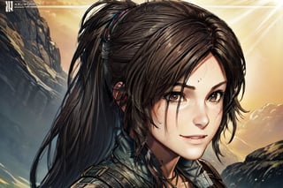 art, tomb raider, pony tail, smile, tomb raider ,game cover, comic, cover art, outfit, close up, eyes,line anime