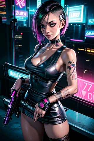 zoomed on face, roof top, gun, guns, futue guns, guns in hand, party, outside, pool, Strip club, pole dancing, neon lights, cyberpunk, sexy dress, see though dress, cut out dress, breasts, tattoos, sexy tattoos, party, club, cyberpunk, 2077, cell phone, flying cars, future car, future, smiling, happy, choker, collar, bdsm collar, 