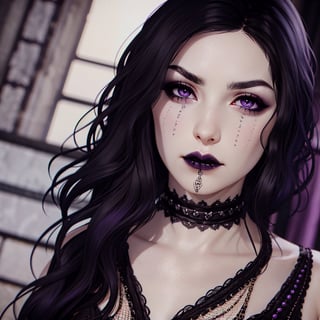 close up, black hair, pale skin, purple eyes, goth, 