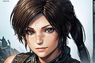 art, tomb raider, pony tail, smile, tomb raider ,game cover, comic, cover art, outfit, close up, eyes,line anime