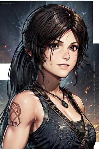 art, tomb raider, pony tail, smile, tomb raider ,game cover, comic, cover art, outfit, close up, eyes,line anime