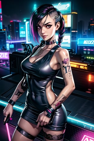 zoomed on face, roof top, gun, guns, futue guns, guns in hand, party, outside, pool, Strip club, pole dancing, neon lights, cyberpunk, sexy dress, see though dress, cut out dress, breasts, tattoos, sexy tattoos, party, club, cyberpunk, 2077, cell phone, flying cars, future car, future, smiling, happy, choker, collar, bdsm collar, 