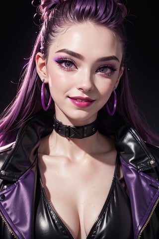 close up, face shot, smile, purple and black jacket, neon light metal collar, 1 girl, , red lips, half shaved head, ear piercings, heavy make-up with  naked, breasts
