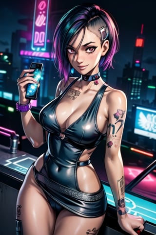 zoomed on face, roof top,, party, outside, pool, Strip club, pole dancing, neon lights, cyberpunk, sexy dress, see though dress, cut out dress, breasts, tattoos, sexy tattoos, party, club, cyberpunk, 2077, cell phone, flying cars, future car, future, smiling, happy, choker, collar, bdsm collar, 