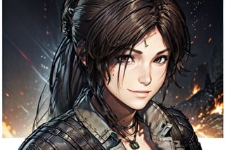 art, tomb raider, pony tail, smile, tomb raider ,game cover, comic, cover art, outfit, close up, eyes,line anime