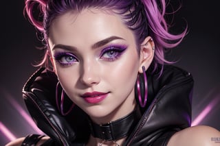 close up, face shot, smile, purple and black jacket, neon light metal collar, 1 girl, , red lips, half shaved head, ear piercings, heavy make-up with  naked, breasts,photo of perfecteyes eyes