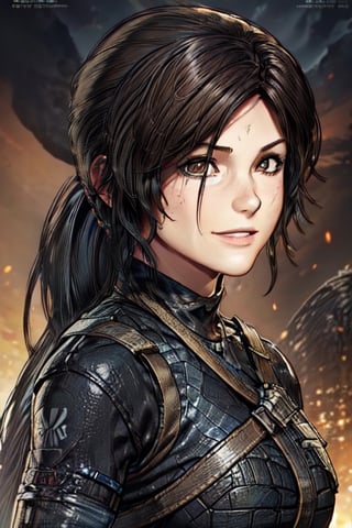 art, tomb raider, pony tail, smile, tomb raider ,game cover, comic, cover art, outfit, close up, eyes,line anime