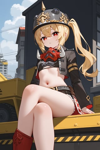 score_9, score_8_up, score_7_up, detailed, illustration, source_anime BREAK 1girl, long hair, side ponytail, blonde hair, red eyes, jewelry, helmet, tank top, jacket, mask around neck, belt, shorts, boots, waist cape, sitting, crossed legs, navel, outdoors, construction site