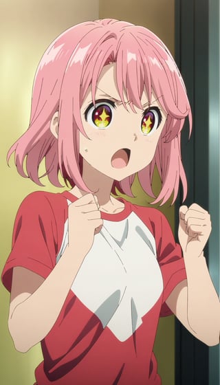 1girl, cute, pink hair, medium hair, swept bangs, solo, sparkling eyes, excited, :o, shirt, short sleeves, clenched hands, (hands up:0.9), v-shaped eyebrows, indoors, upper body, masterpiece, best quality, very aesthetic, absurdres, anime screencap, fake screenshot