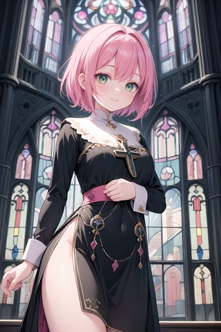 (masterpiece, best quality:1.4), vibrant colors, intricate details, cinematic lighting, illustration, 1girl, green eyes, pink hair, short hair, nun, dress, cross, smile, stained glass windows, cathedral, cowboy shot